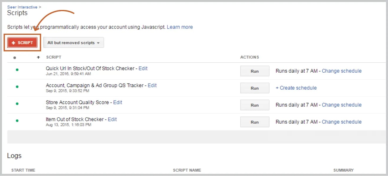 AdWords UI add script button