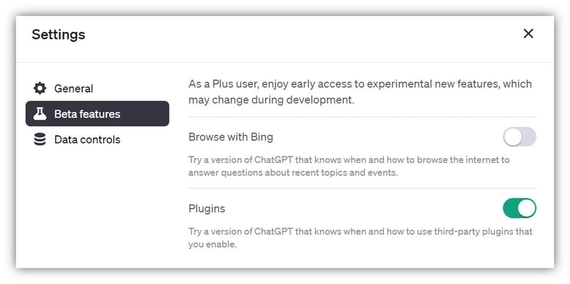 Get Plugins for ChatGPT-4 - Step 3&4 toggle plugins on under beta features-1