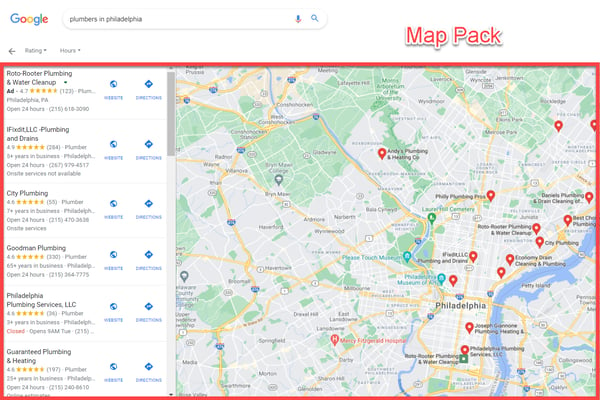 A screenshot that shows how local businesses appear within the Map Pack in the SERPs.